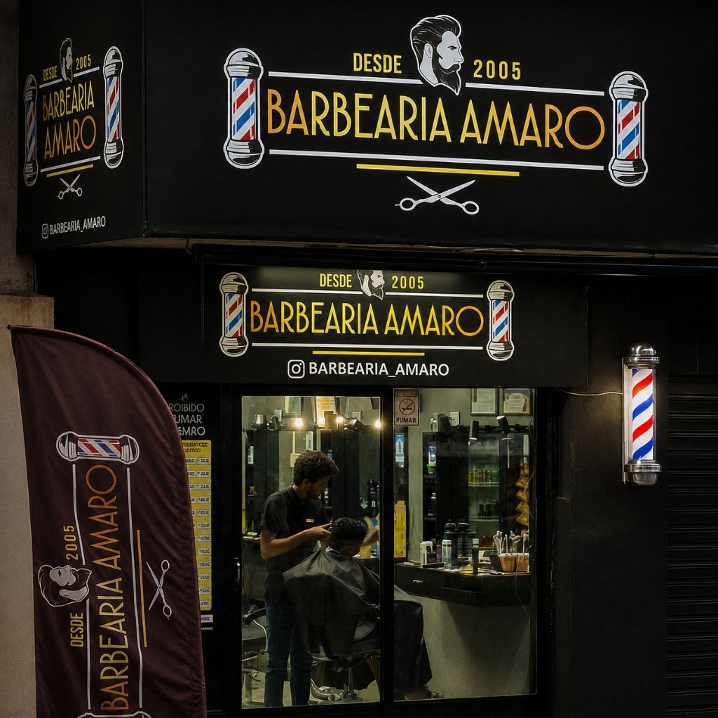 Fachada e Logo da Barbearia Amaro